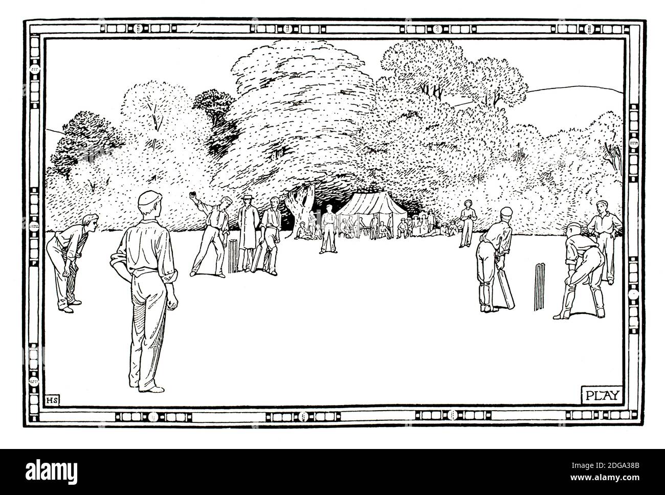 Play, spätes viktorianisches Club Cricket Spiel, Fitzroy Pictures Illustration von Heywood Sumner aus dem Jahr 1896 The Studio an Illustrated Magazine of Fine and Appli Stockfoto