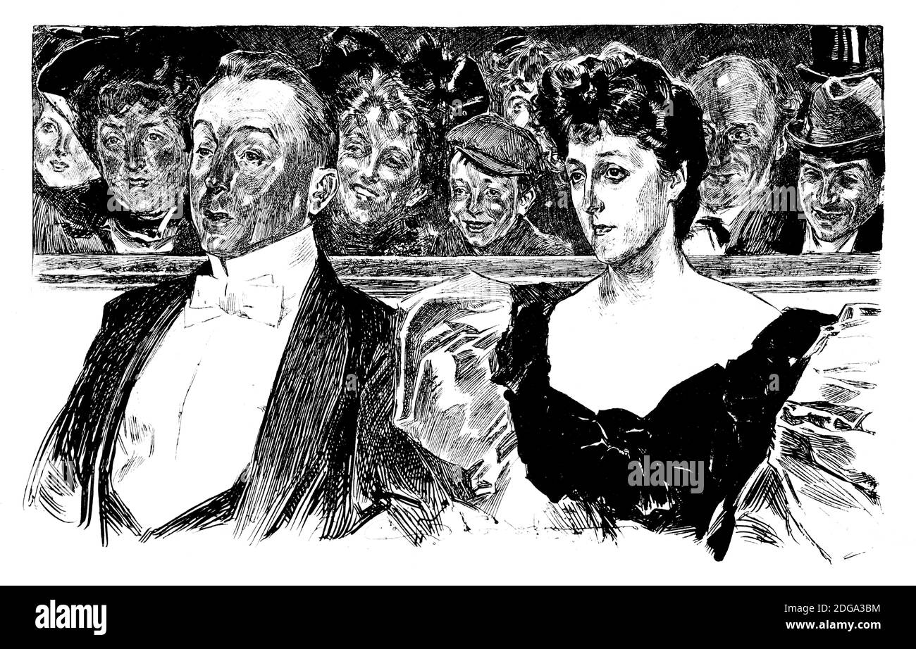 Im Theater, Zeitschriftenillustration des amerikanischen Designers Charles Dana Gibson aus dem Jahr 1896 The Studio an Illustrated Magazine of Fine and Applied Art Stockfoto