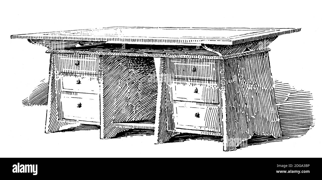 Schreibtisch, entworfen von der Gräfin von Lovelace, mit Inlay von der Hon Mabel de Gray, Zeitschriftenillustration von 1896 das Studio an Illustrated Ma Stockfoto