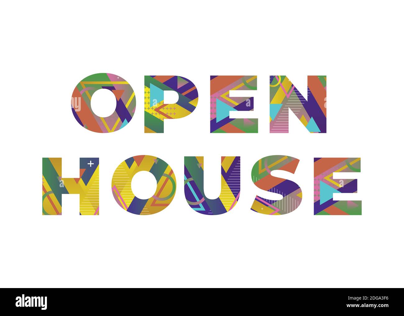 Die Worte OPEN HOUSE Konzept in bunten Retro-Formen und Farben Illustration geschrieben. Stockfoto