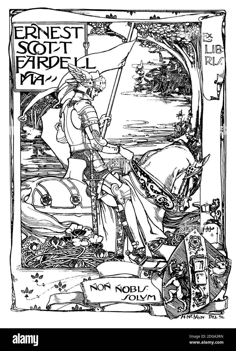 Knight on Horde Exlibris Design für Ernest Scott Fardell, von Harold Nelson aus dem Jahr 1896 The Studio an Illustrated Magazine of Fine and Applied Art Stockfoto