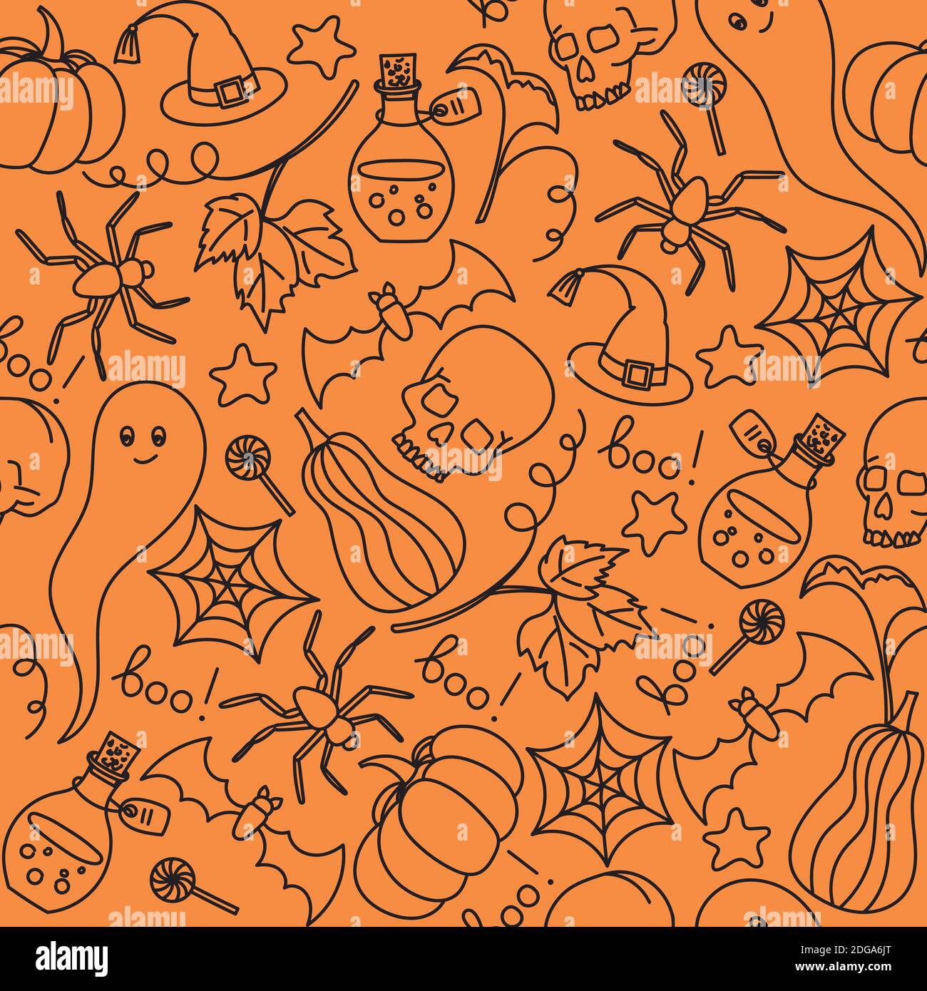 Halloween orange festlich nahtloses Muster. Endlose Hintergrund mit Kürbissen, Schädeln, Fledermäuse, Spinnen, Geister, Knochen, Süßigkeiten, Spinnennetz und Sprache Stock Vektor