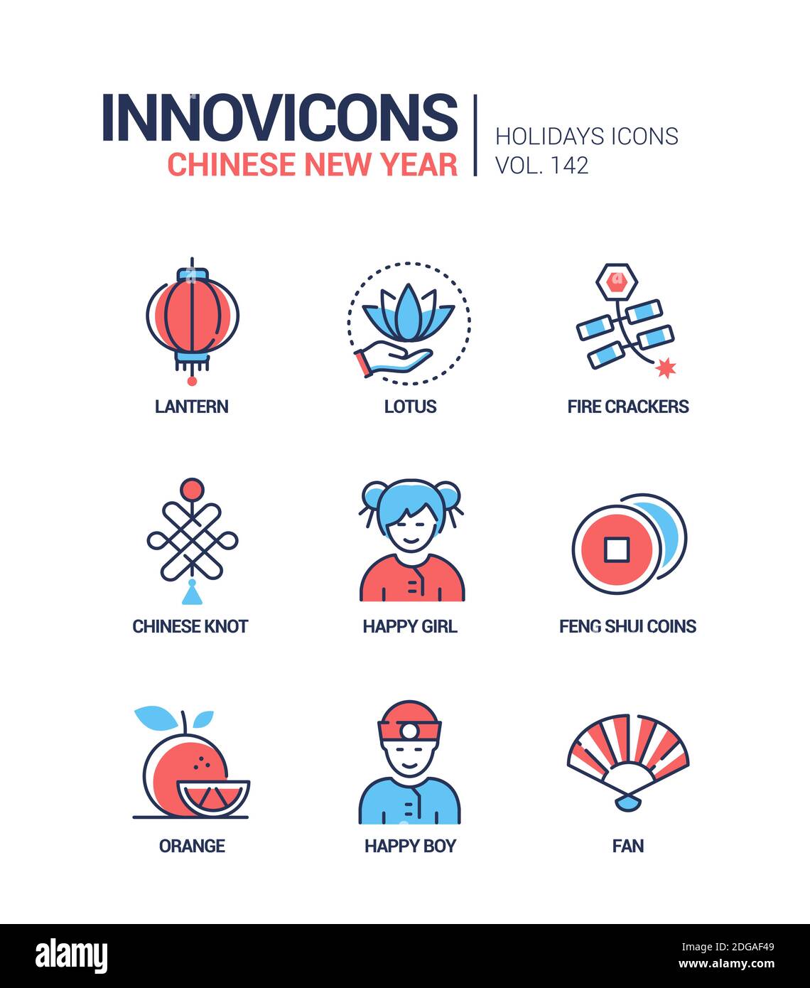 Chinese New Year - Bunte Linie Design Stil Symbole gesetzt. Feiertagssymbole, Kultur und nationale Traditionen Idee. Laterne, Lotus, Feuercracker, Knoten, h Stock Vektor