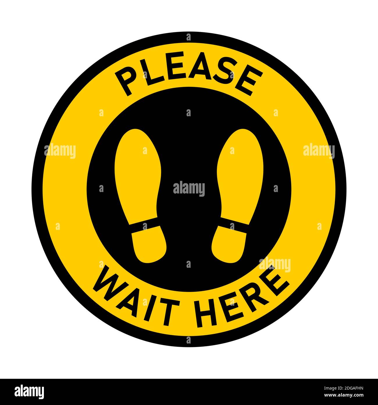 Bitte warten Sie hier Runder kreisförmiger Bodenmarkierung Sticker mit Text und Schuhabdruck oder Fußabdrücke für Warteschlangenzeile. Vektorbild. Stock Vektor