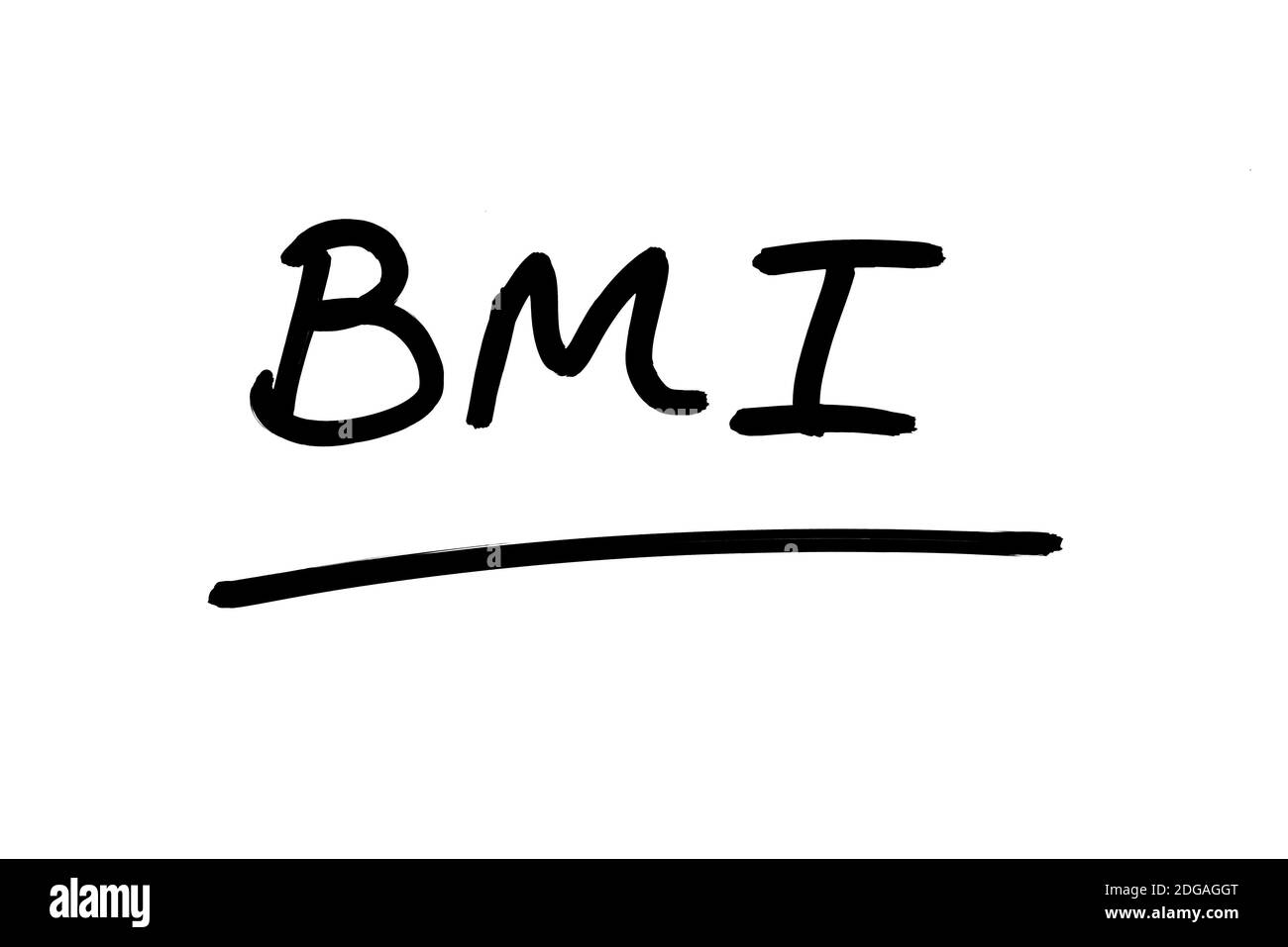 Die Abkürzung BMI - bedeutet Body Mass Index, handgeschrieben auf weißem Hintergrund. Stockfoto