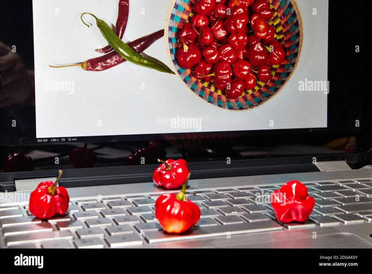 Tisch mit Laptop in Arbeit von Fotostudio, Chili-Sitzung Stockfoto