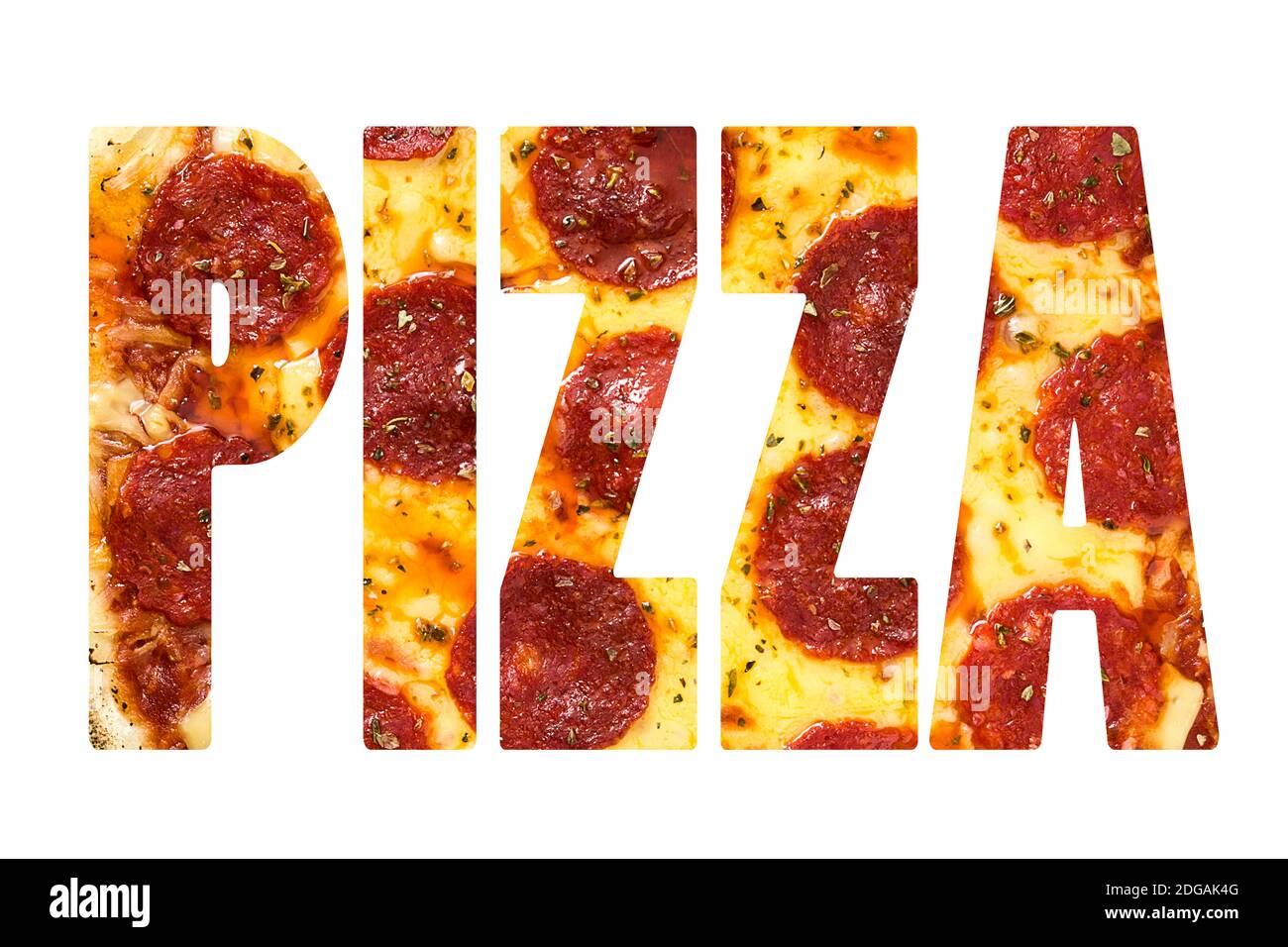 Das Wort Pizza Composite mit Pepperoni Pizza Foto innen Stockfoto