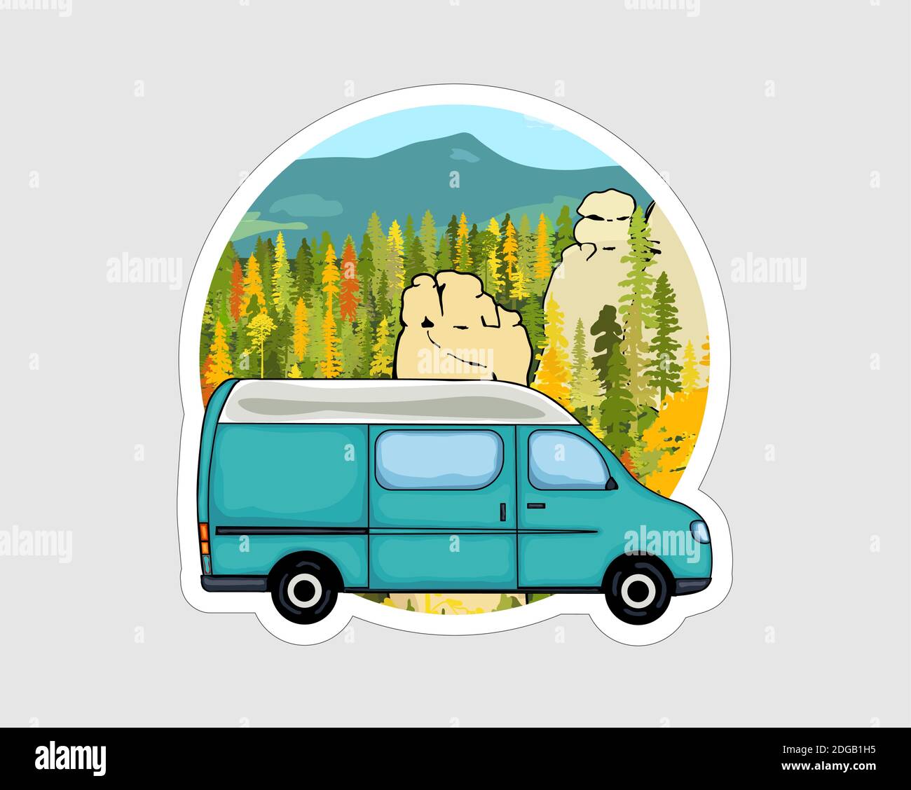 Aufkleber für Transporter. Sandsteinfelsen, Wald und die Berge im Hintergrund. Farbenfrohe Illustration. Stock Vektor