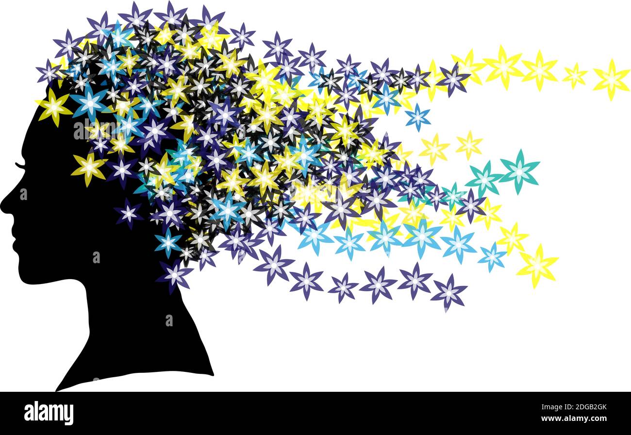 Schwarze Silhouette des Gesichts eines Mädchens mit Haaren aus kleinen Sternen isoliert auf weißem Hintergrund. Frisur aus blauen und gelben Sternen erstellt. Vecto Stock Vektor