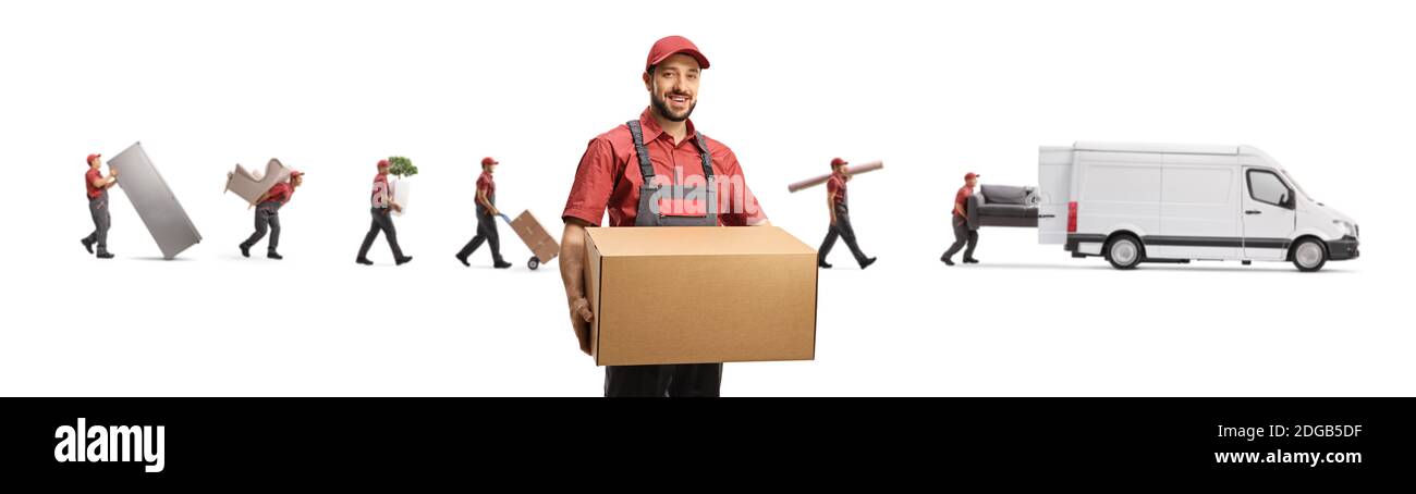 Umzugsunternehmen mit Arbeitern setzen Haushaltsgegenstände in einem weißen Van isoliert auf weißem Hintergrund Stockfoto