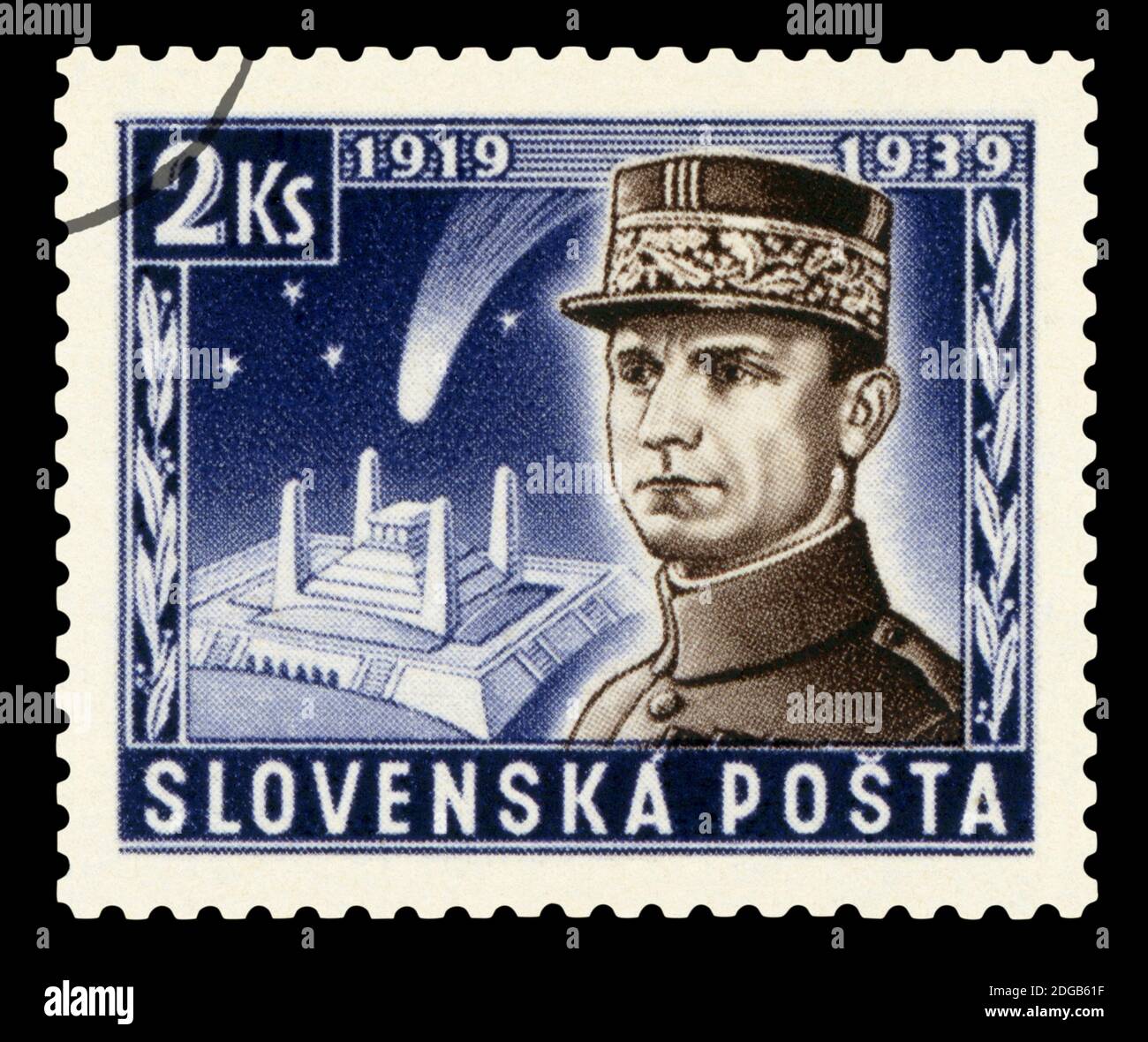 SLOWAKEI - UM 1939 : abgesagte Briefmarke gedruckt von der Slowakei, zeigt das Porträt von General Milan Rastislav Stefanik, um 1939. Stockfoto