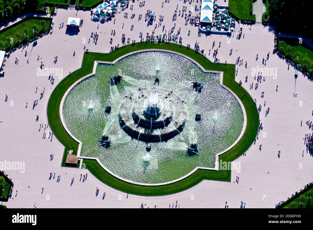 Luftaufnahme des Buckingham Fountain im Grant Park, Chicago, Cook County, Illinois, USA Stockfoto