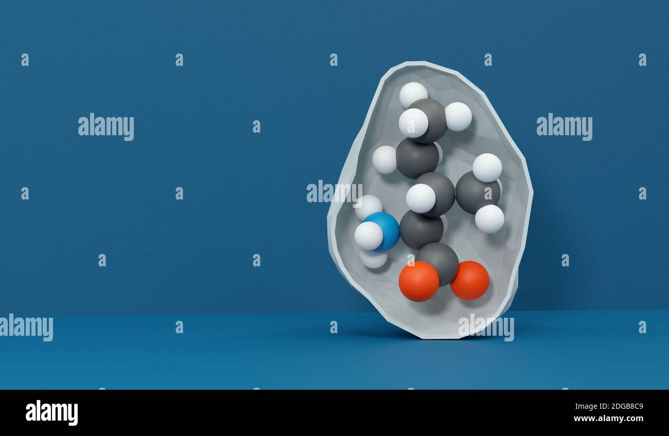 Isoleucin (L-Isoleucin, Ile, I) Aminosäuremolekül. 3D-Rendering. Atome werden als Kugeln mit konventioneller Farbkodierung dargestellt: Wasserstoff (weiß) Stockfoto