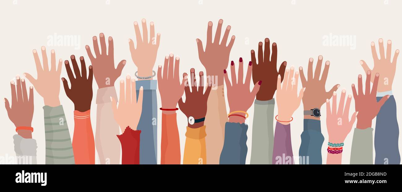 Gruppe hob menschliche Waffen und Hände.Vielfalt multiethnischen Menschen. Rassengleichheit. Männer und Frauen unterschiedlicher Kultur und Nationen. Harmonie der Koexistenz. Stock Vektor