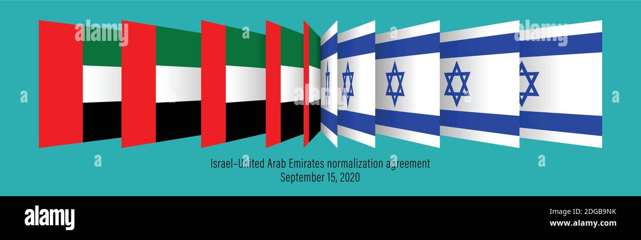 Flagge der Vereinigten Arabischen Emirate und Israels. Israel Vereinigte Arabische Emirate Normalisierungsabkommen. Ein Friedensabkommen zwischen Israel und den Vereinigten Arabischen Emiraten. 3d-Flip-Effekt. Vektorgrafik Stock Vektor