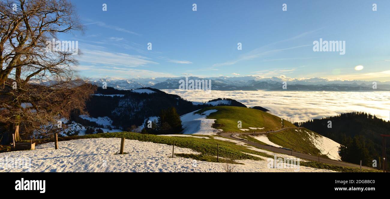 Sonnenuntergangspanorama über dem Nebelmeer mit Blick auf die Berge in glarus. Foto von Alp Scheidegg, Zürich Oberland Schweiz Stockfoto