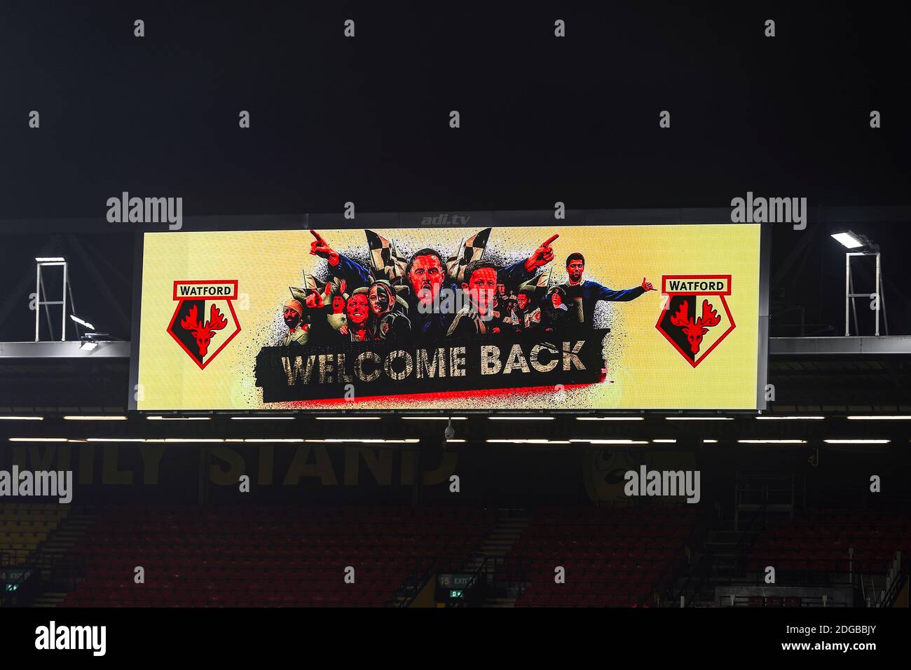 Vicarage Road, Watford, Hertfordshire, Großbritannien. Dezember 2020. English Football League Championship Football, Watford versus Rotherham United; Willkommen zurück auf der Anzeigetafel für die zurückkehrenden Watford-Fans Kredit: Action Plus Sports/Alamy Live News Stockfoto