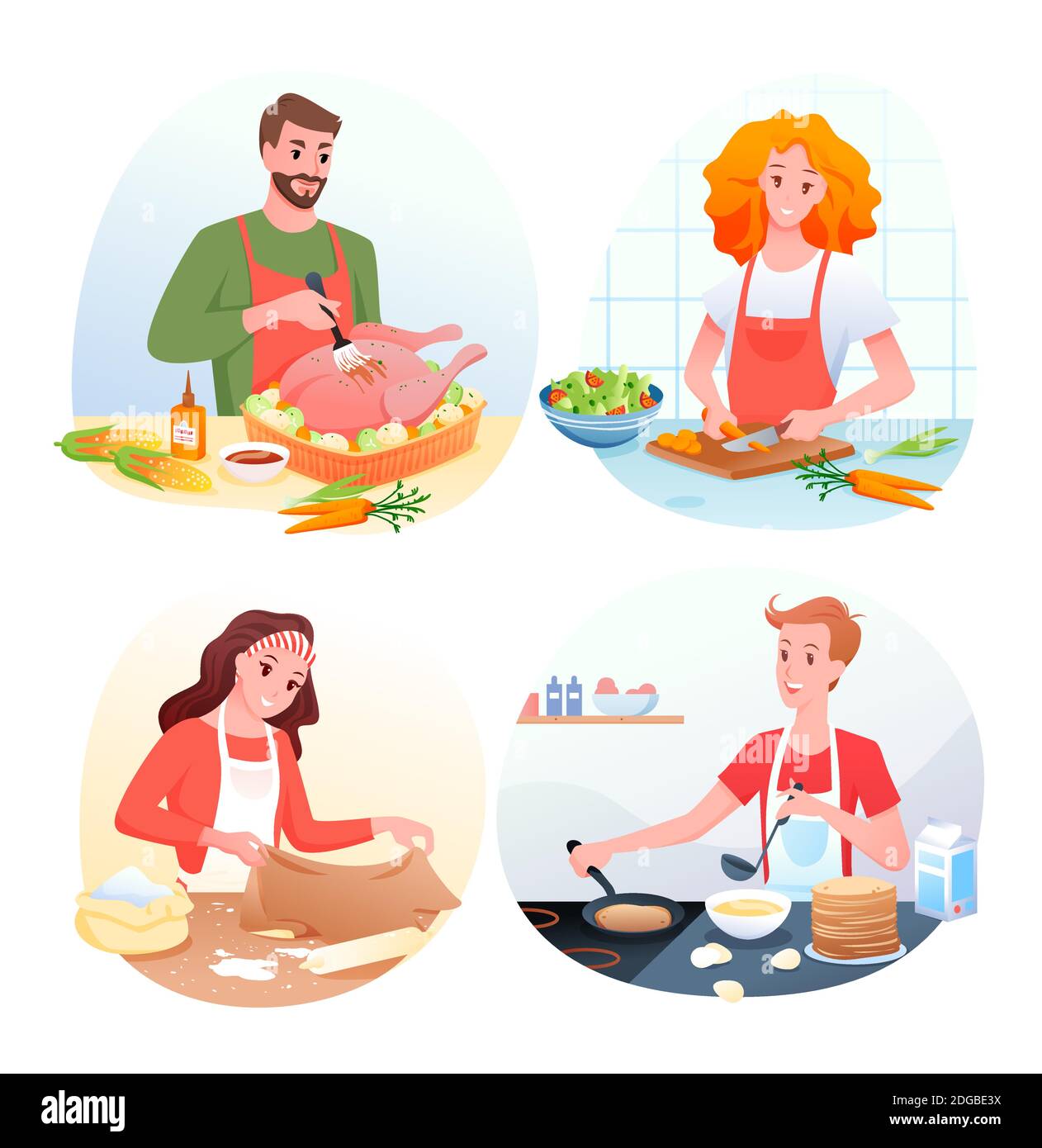 Cartoon Mann Frau Charaktere in Koch Schürzen Kochen grünen Gemüsesalat, gebackenen truthahn, Pfannkuchen, so dass Teig für Brot isoliert auf weiß. Stock Vektor