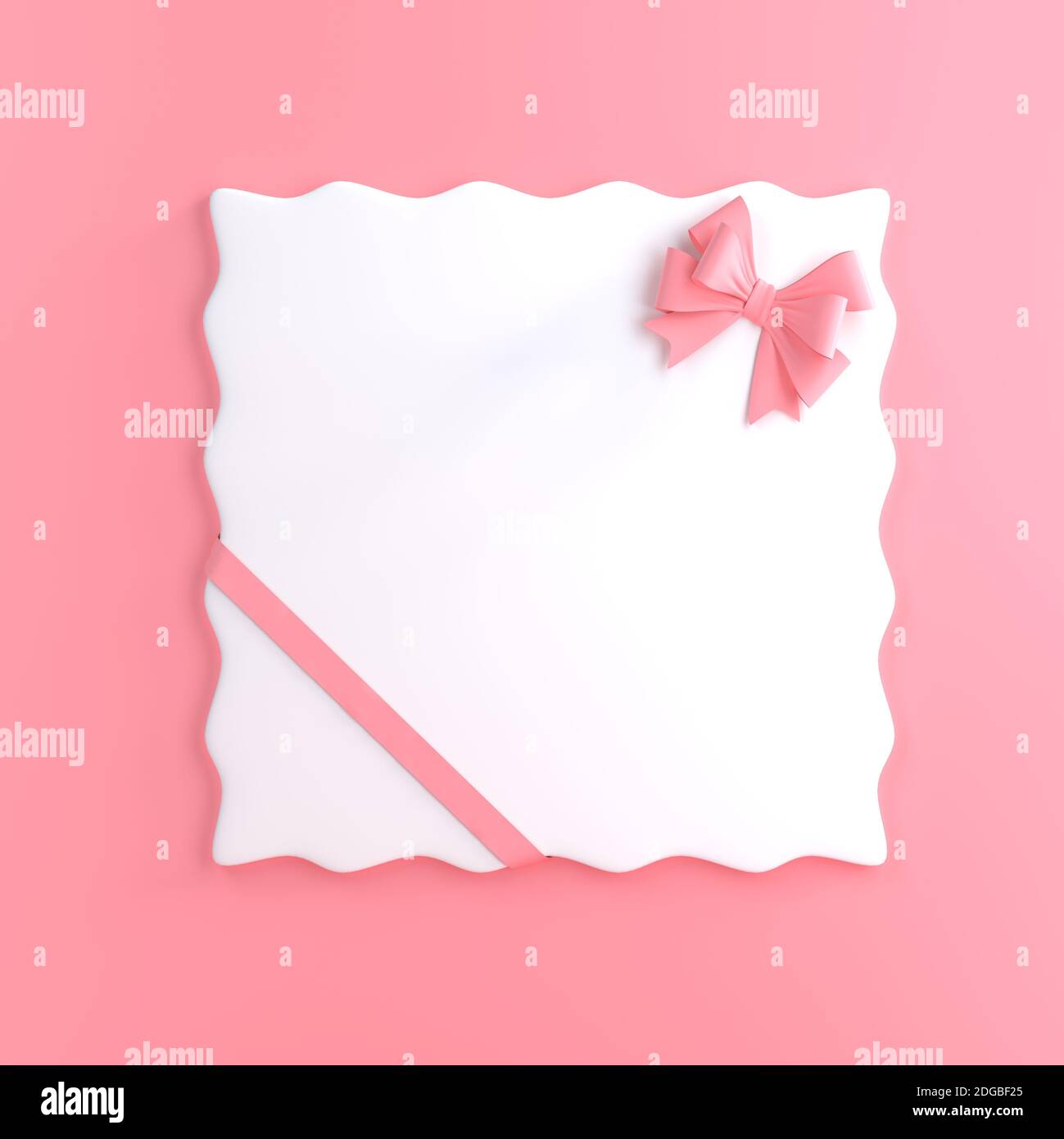 Weiße Geschenkkarte mit rosa Band Schleife isoliert auf pastellrosa Hintergrund mit Schatten minimal Konzept. 3D-Rendering Stockfoto