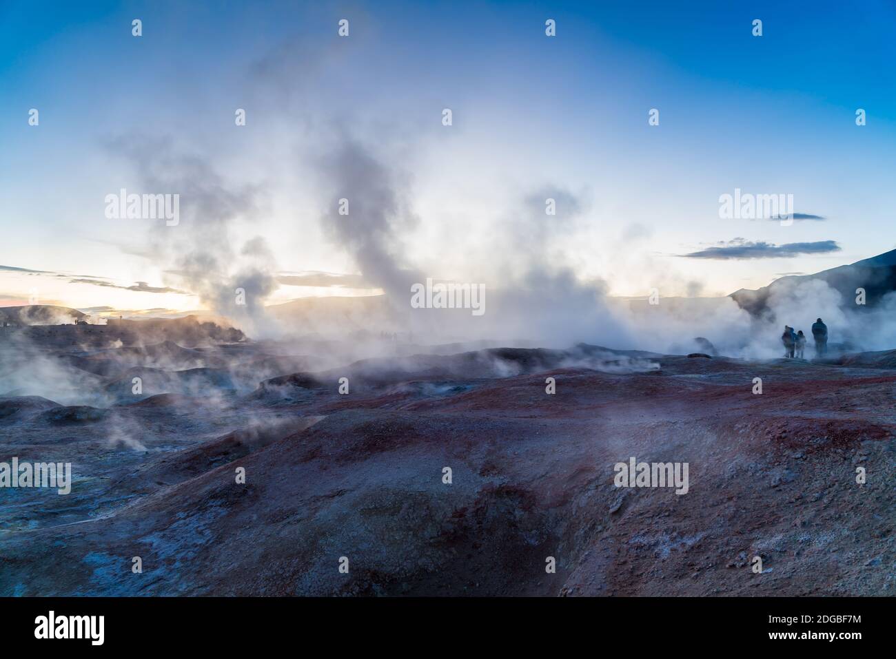 Blick auf den Dampf am Sol de Manana Stockfoto