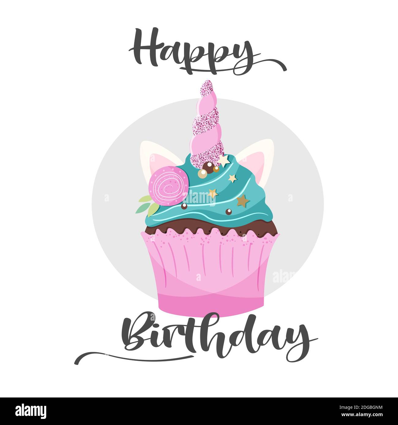 Niedliche Einhorn Cupcake Grußkarte mit Happy Birthday Text. Vektorgrafik. Stock Vektor