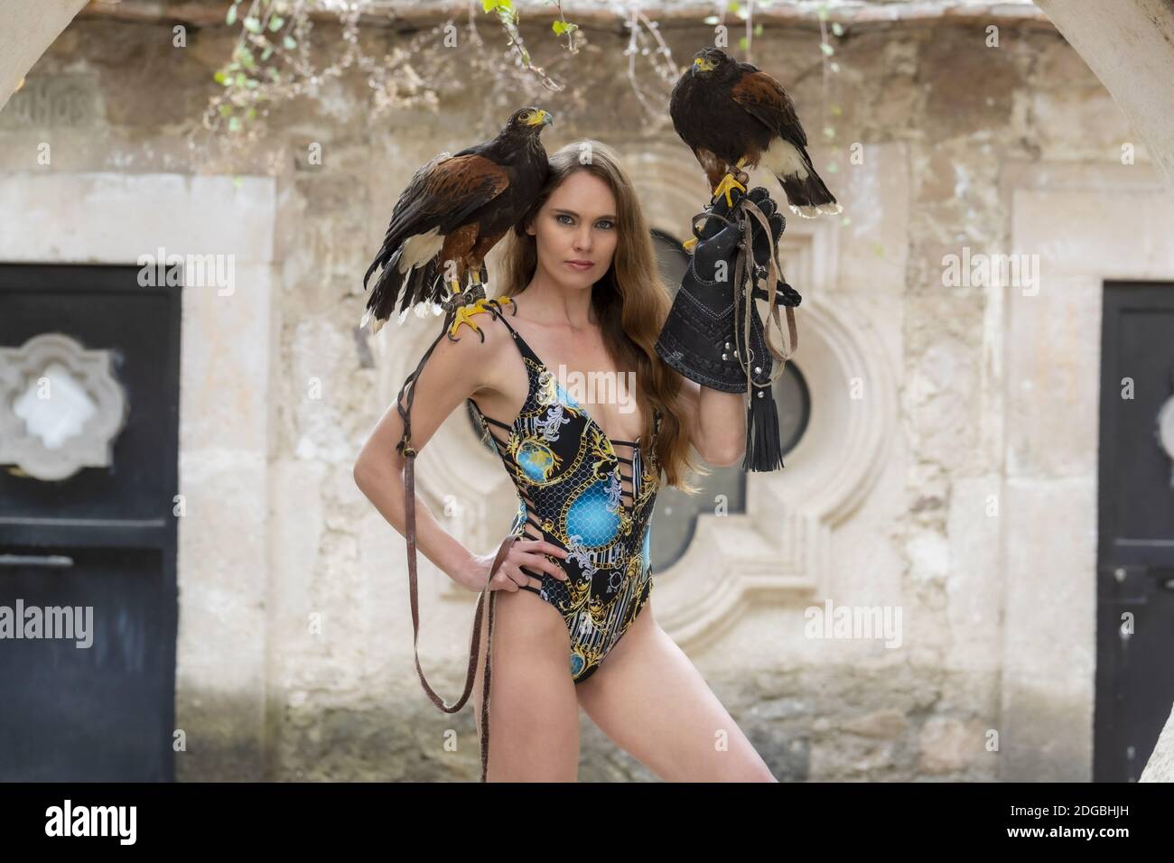 Eine schöne hispanische Brünette Modell posiert im Freien mit EINEM Falcon In EINER Hacienda Stockfoto