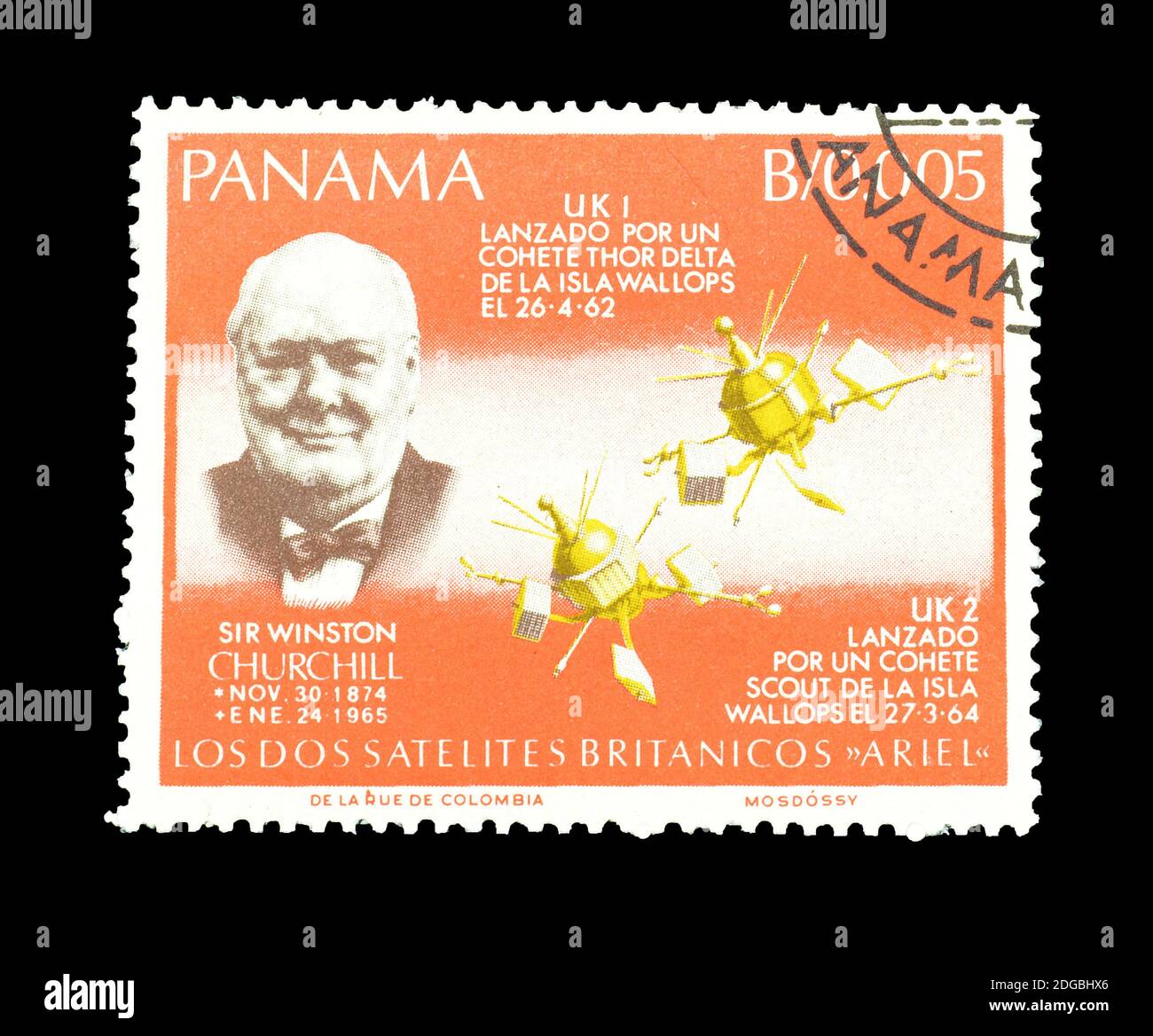 Abgesagte Briefmarke gedruckt von Panama, die Winston Churchill und British Satellites zeigt, um 1966. Stockfoto
