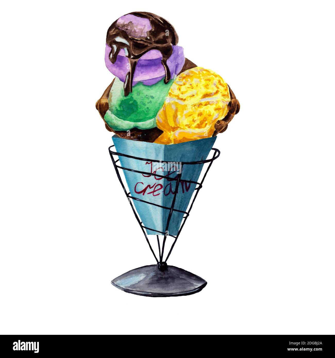 Drei Eisbällchen mit Waffel in einem Papierbeutel In Aquarell Stockfoto