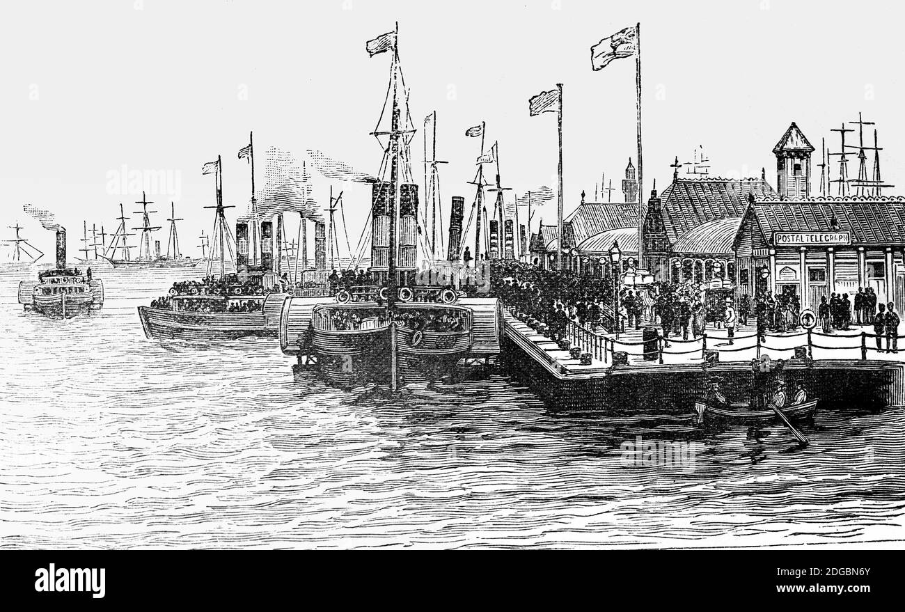 Eine Ansicht des späten 19. Jahrhunderts der Princes Landing Stage in Liverpool, Merseyside, England. Ursprünglich befand sich die Landing Stage am Pier Head, um den Transatlantikliniendienst zu bedienen, wurde jedoch zum Anlegeplatz für Überflußfähren nach Wirral. Stockfoto
