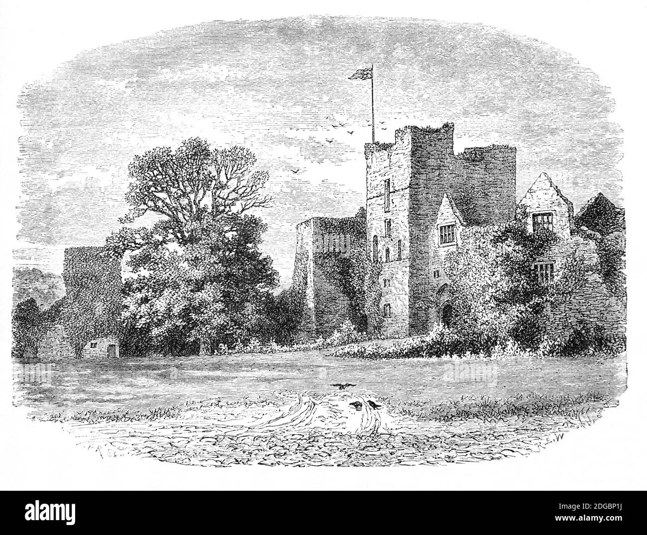 Ein Blick aus dem späten 19. Jahrhundert auf Ludlow Castle, eine zerstörte mittelalterliche Burg in Ludlow, Shropshire und eine der ersten Steinburgen, die in England gebaut wurden. Es wurde wahrscheinlich im 11. Jahrhundert von Walter de Lacy nach der normannischen Eroberung gegründet. Während des englischen Bürgerkriegs wurde es belagert, von einer Parlamentarierarierarmee im Jahr 1646, wo eine Garnison wurde für einen Großteil der Interregnum. Nach der Restaurierung von 1660, fiel es in Vernachlässigung, bis ein Herrenhaus in der äußeren bailey gebaut wurde. Abgesehen von einigen Landschaftsgestaltungen ist der Rest der Burg weitgehend unberührt geblieben. Stockfoto