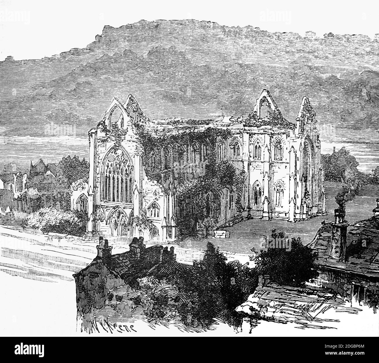 Eine Luftaufnahme der Abtei Tintern, die 1131 von Walter de Clare, dem Herrn von Chepstow, gegründet wurde. Es liegt neben dem Dorf Tintern in Monmouthshire, am walisischen Ufer des Flusses Wye an der Grenze von Wales und England. Es war die erste Zisterzienser-Stiftung in Wales, aber es fiel in Ruine nach der Auflösung der Klöster im 16. Jahrhundert. Seine Überreste wurden jedoch in Poesie und Malerei ab dem 18. Jahrhundert gefeiert. Stockfoto