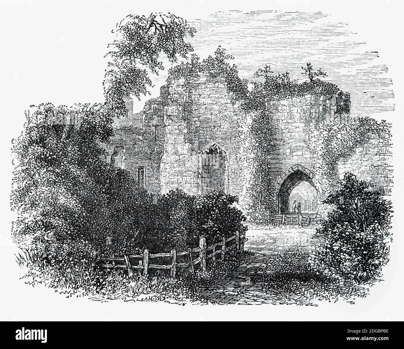 Eine Ansicht des 19. Jahrhunderts von Goodrich Castle, Herefordshire, England. Erbaut im 12. Jahrhundert mit einem Steinhügelbau, wurde es im späten 13. Jahrhundert erweitert, um luxuriöse Wohnräume mit umfangreichen Verteidigungseinrichtungen zu kombinieren. Im englischen Bürgerkrieg der 1640er Jahre wurde es zunächst von parlamentarischen und dann von Royalisten Truppen gehalten und schließlich 1646 von Oberst John Birch mit Hilfe des riesigen Mörsers "Roaring Meg" belagert, was zum anschließenden Abriss der Burg führte. Im 18. Jahrhundert wurde das Schloss zum Thema von Gemälden und Gedichten und gab Wordswords "Wir sind Sieben" Inspiration. Stockfoto