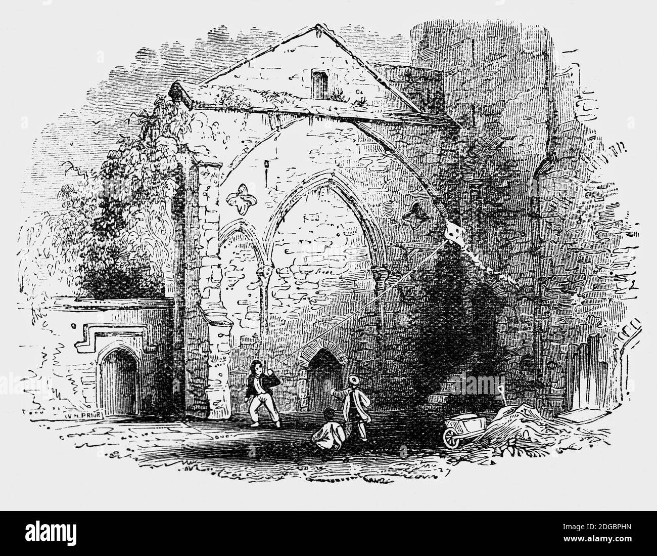 Ein Blick aus dem 19. Jahrhundert auf junge Jungen, die einen Drachen auf dem Gelände der Tewkesbury Abbey aus dem 12. Jahrhundert in Gloucestershire fliegen. Die schöne normannische Abteikirche war ursprünglich Teil eines Klosters, das von König Heinrich VIII. Vor der Auflösung der Klöster gerettet wurde, nachdem sie von den Stadtbewohnern für den Preis des Bleis auf dem Dach gekauft wurde, um sie als Pfarrkirche zu nutzen. Die meisten Klostergebäude wurden in dieser Zeit zerstört. Stockfoto