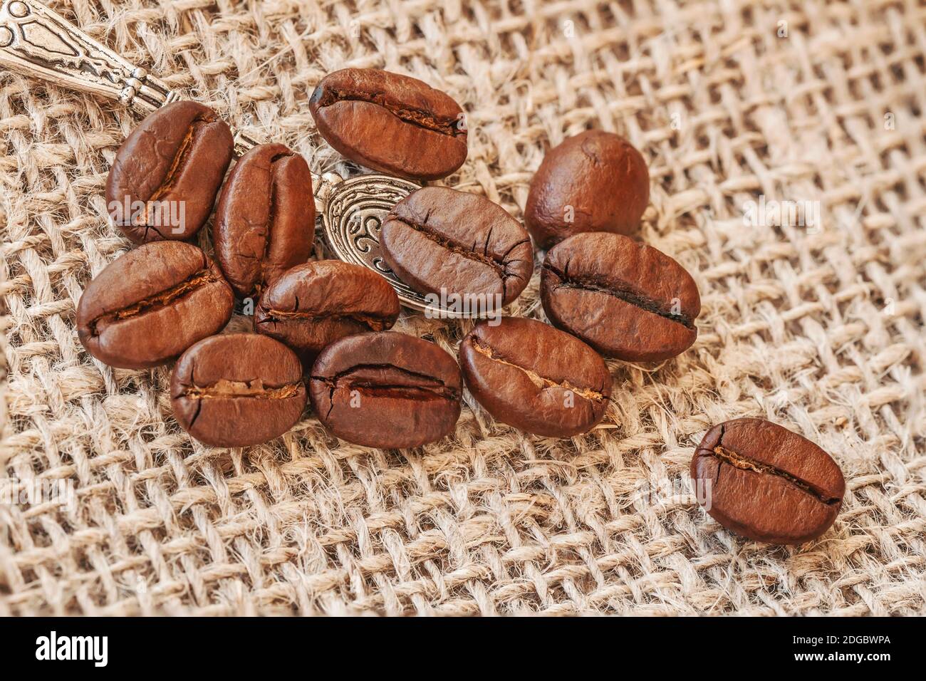 Metallischer Löffel mit aromatisierten gerösteten Kaffeebohnen Nahaufnahme auf dem Hintergrund von Sackleinen, selektiver Fokus. Service- und Catering-Konzept Stockfoto