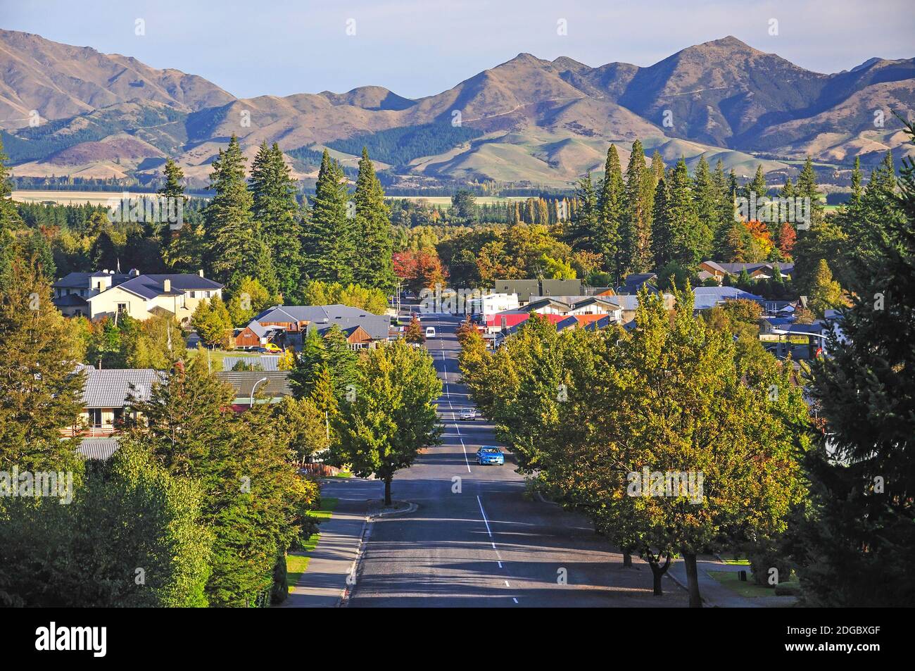 Ansicht der Stadt von konisch Hill, Hanmer Springs, Region Canterbury, Südinsel, Neuseeland Stockfoto