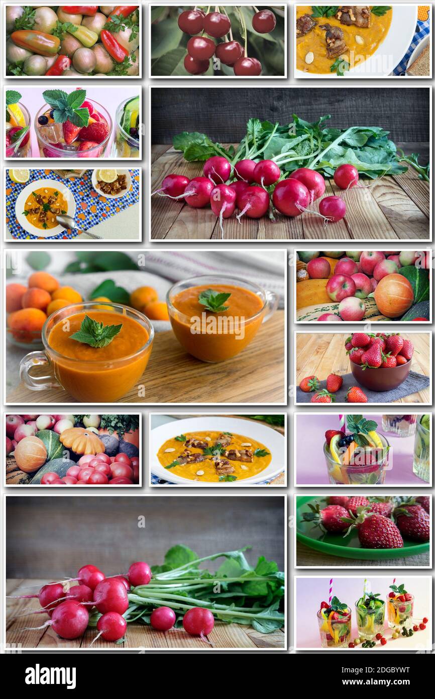 Collage aus Obst und Gemüse, gesunde Ernährung. Stockfoto