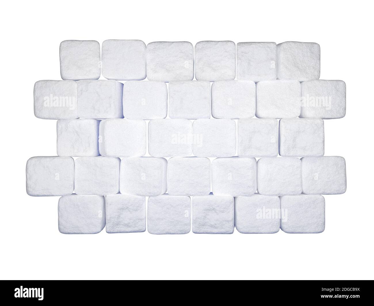 Wand von Zuckerwürfeln isoliert auf weiß. Hintergrund aus Zuckerstücken, 3d-Illustration Stockfoto