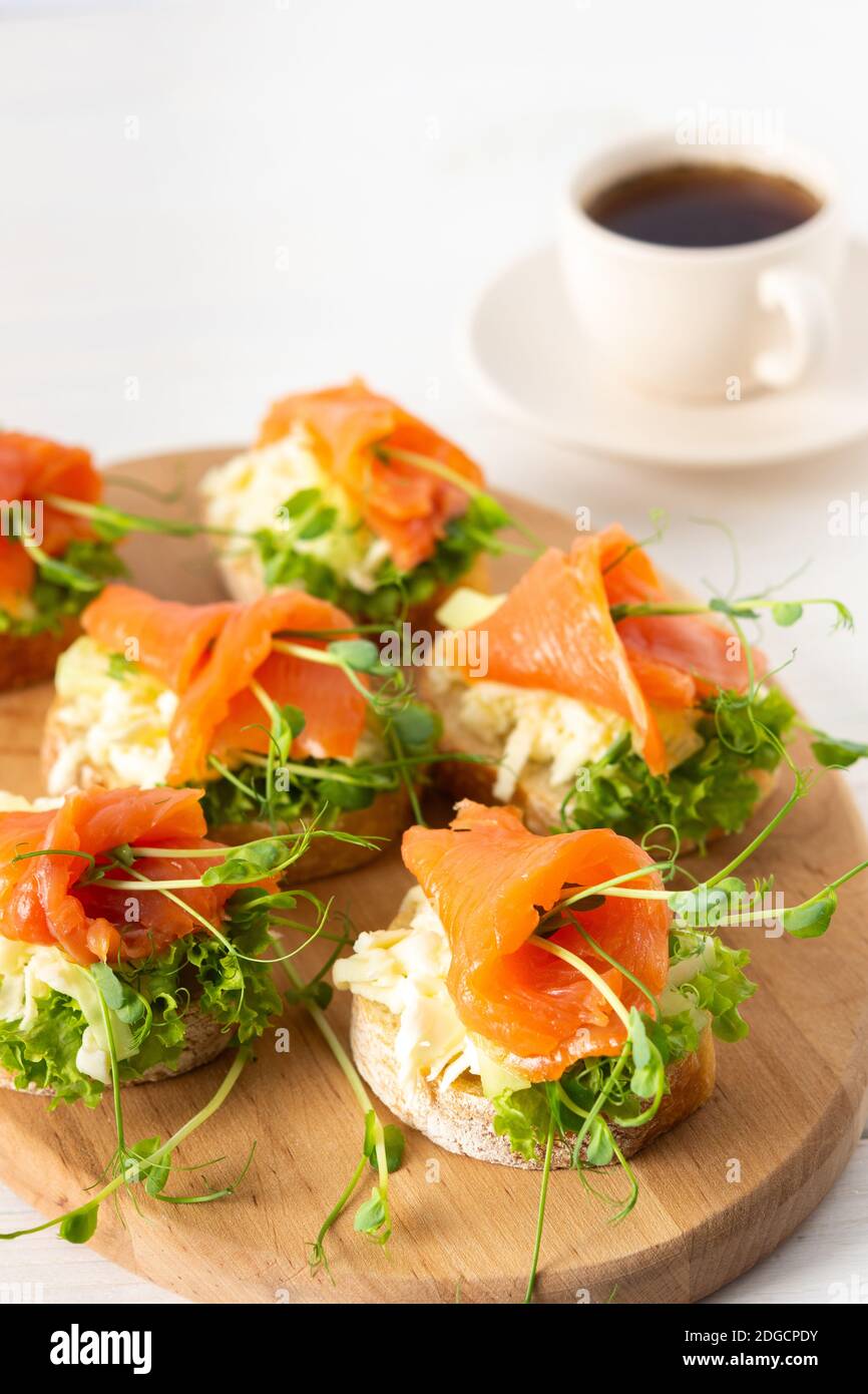 Kanapees mit Mozzarella-Käse, Salat, Lachs und Erbsensprossen, Toast ...