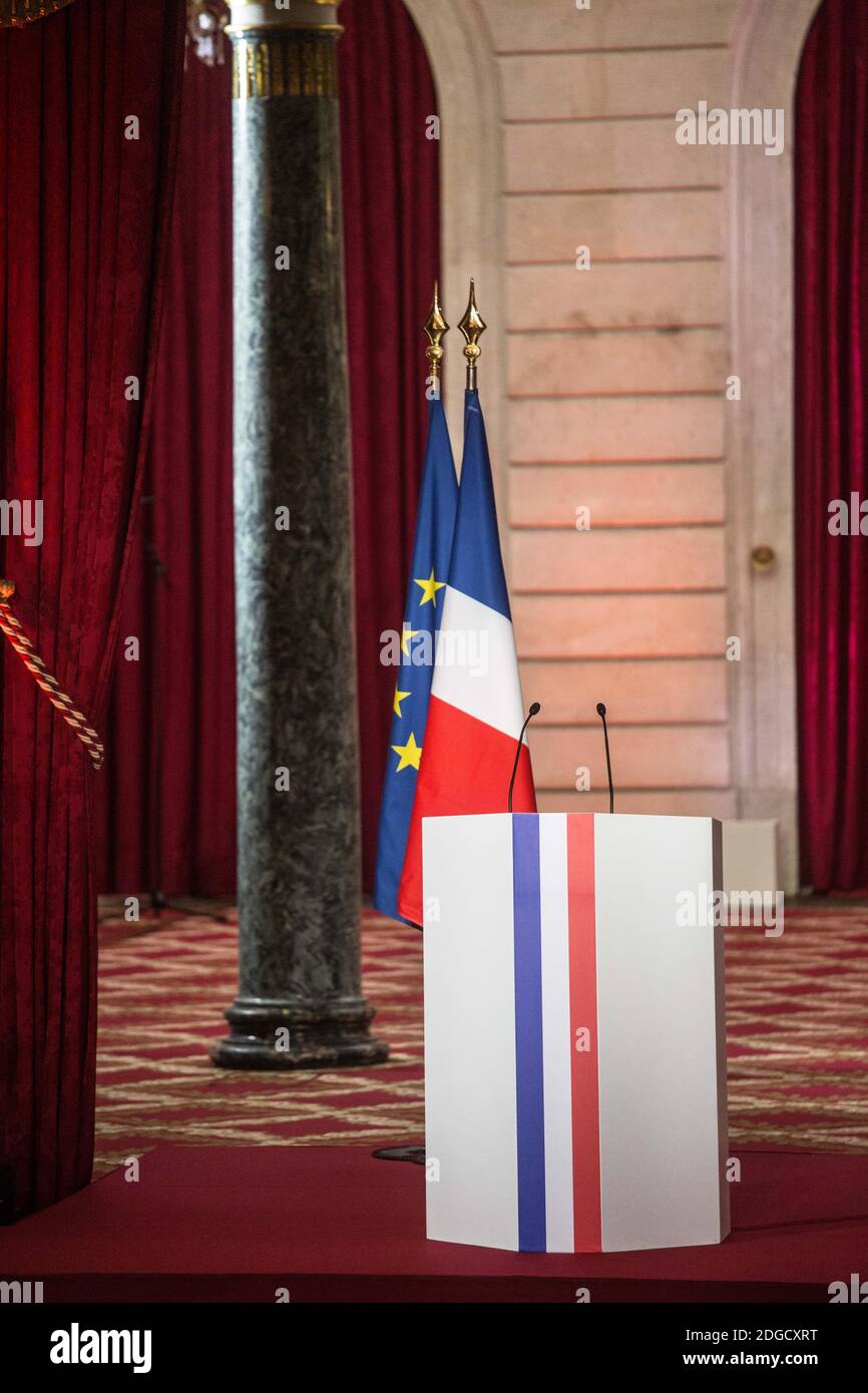 Einweihungsfeier des französischen Präsidenten Emmanuel Macron als französischer Präsident im Salle des Fetes des Präsidentenpalastes Elysee in Paris, Frankreich, am 14. Mai 2017. Foto von Hamilton/Pool/ABACAPRESS.COM Stockfoto