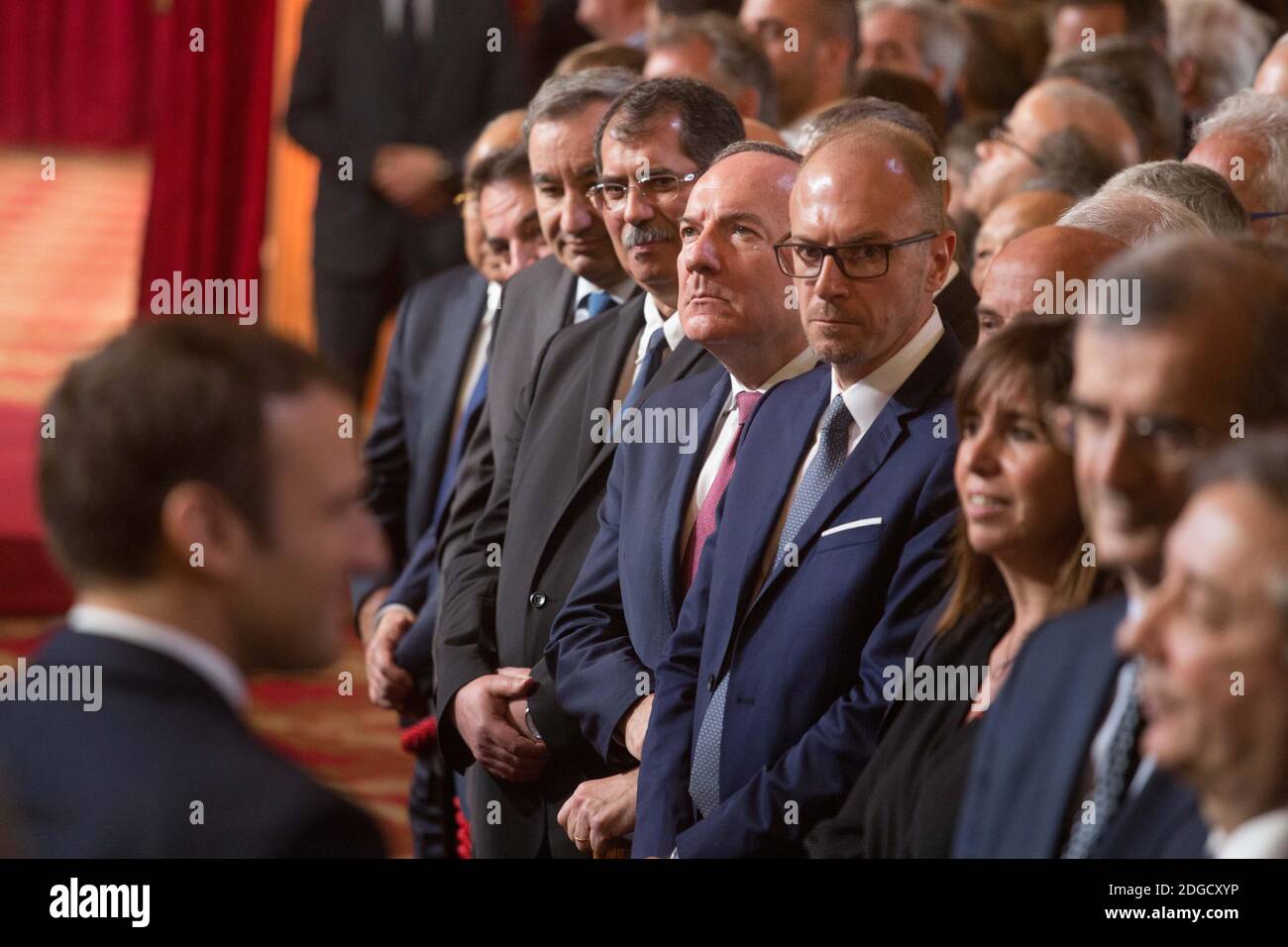 Emmanuel Macron und Pierre Gattaz während der Einweihungszeremonie des französischen Präsidenten Emmanuel Macron als französischer Präsident im Salle des Fetes des Präsidentenpalastes Elysee in Paris, Frankreich, am 14. Mai 2017. Foto von Hamilton/Pool/ABACAPRESS.COM Stockfoto