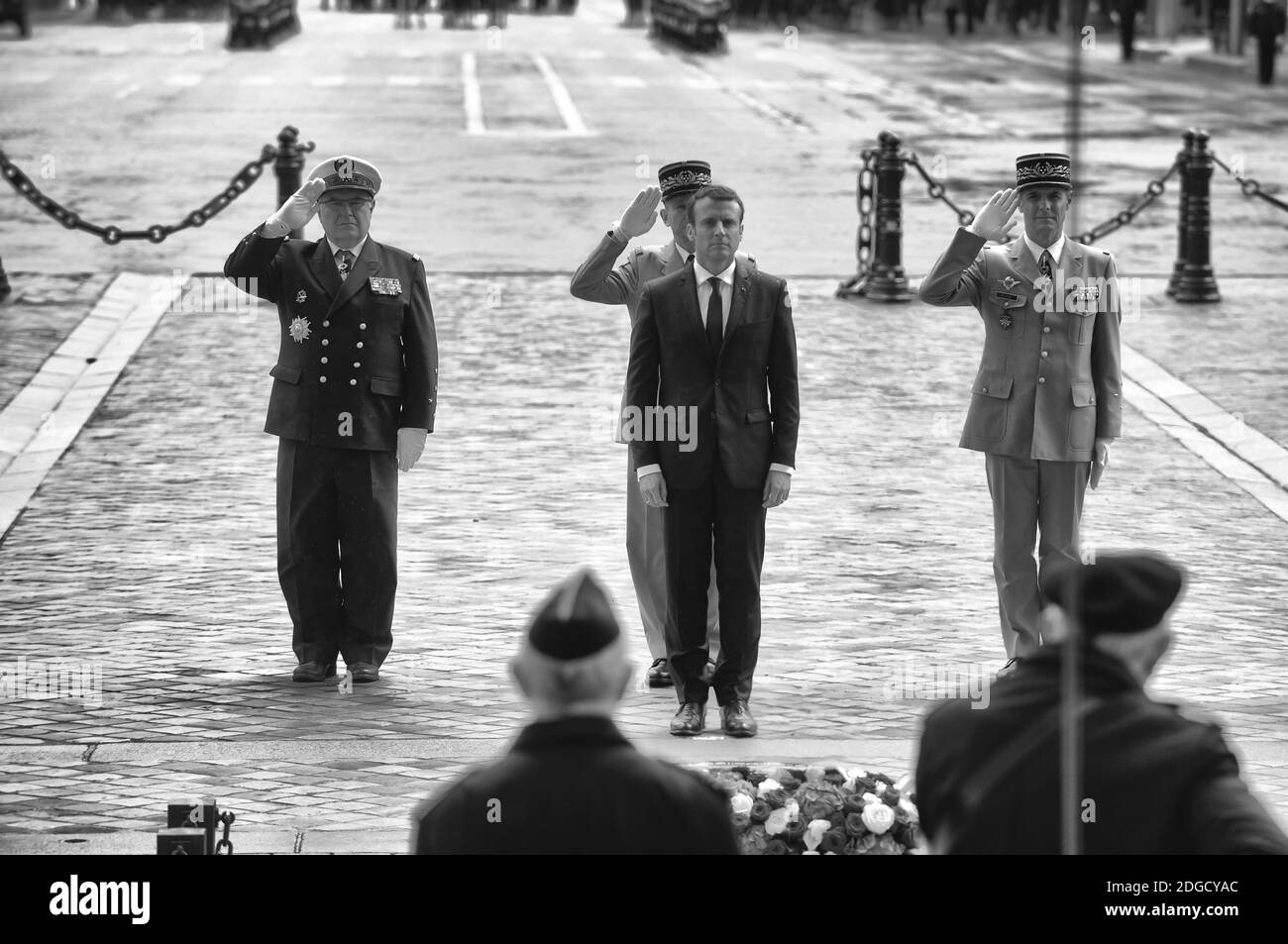 Der neue französische Präsident Emmanuel Macron kommt auf der Champs Elysees Avenue und dem Arc de Trimphe an, nachdem er am 14. Mai 2017 in Paris, Frankreich, feierlich verflucht hat. Foto von Ammar Abd Rabbo/ABACAPRESS.COM Stockfoto