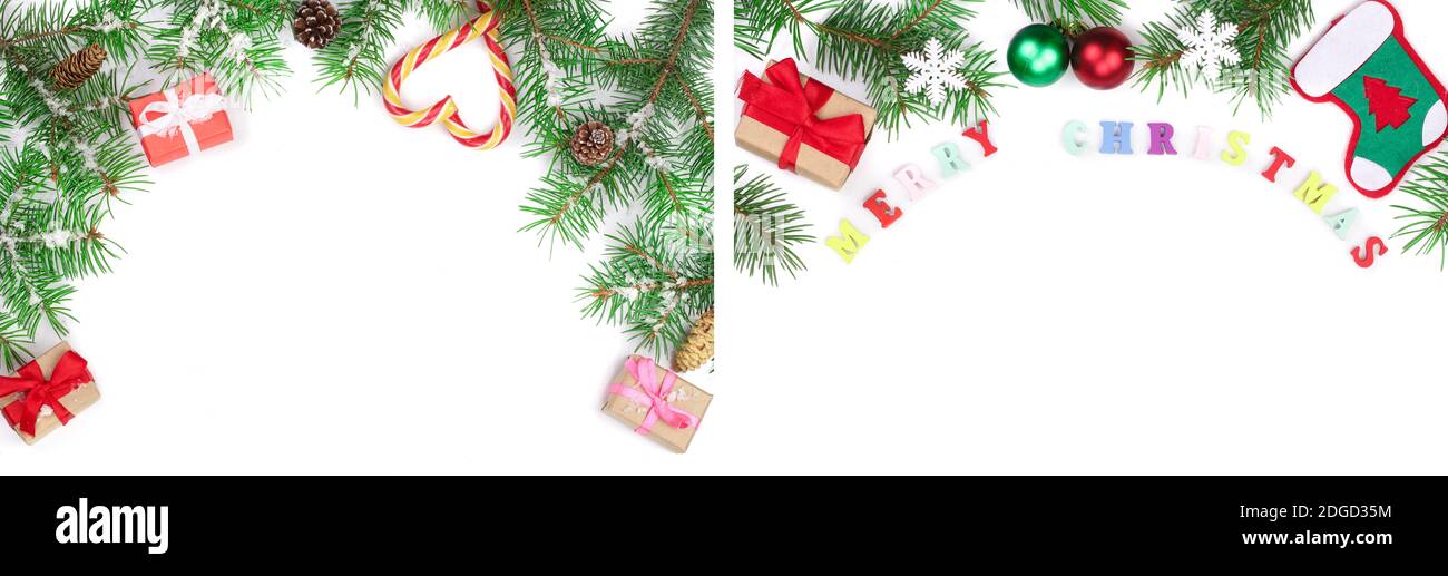 Weihnachten Rahmen der Fir Tree Branch mit Zuckerstangen und Boxen auf weißem Hintergrund mit Kopie Platz für Ihren Text isoliert Stockfoto