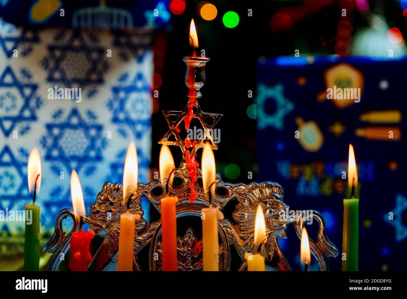 Chanukah Menorah Chanukiah jüdische Feiertag Hintergrund Stockfoto