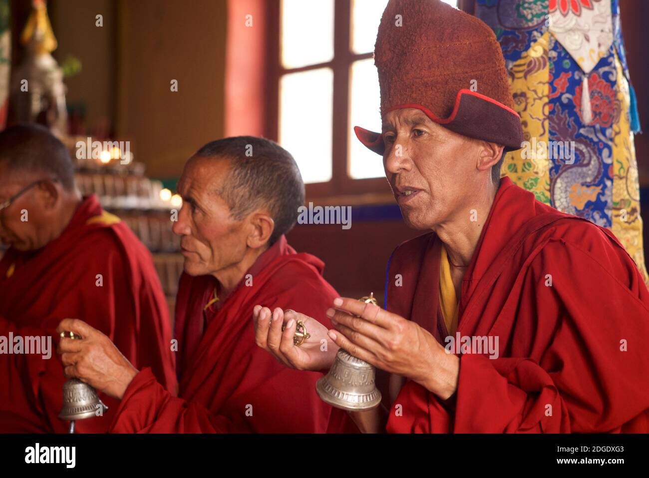 Mönche im Gebetsaal im Stongdey Kloster, Zanskar, Ladakh, Nordindien, etwa 18Êkm nördlich von Padum. Die Gompa wurde in 1052CE gegründet. Etwa 60 Gelukpa-Mönche leben hier. Auch bekannt als Thongde oder Stonde Gompa. Stockfoto