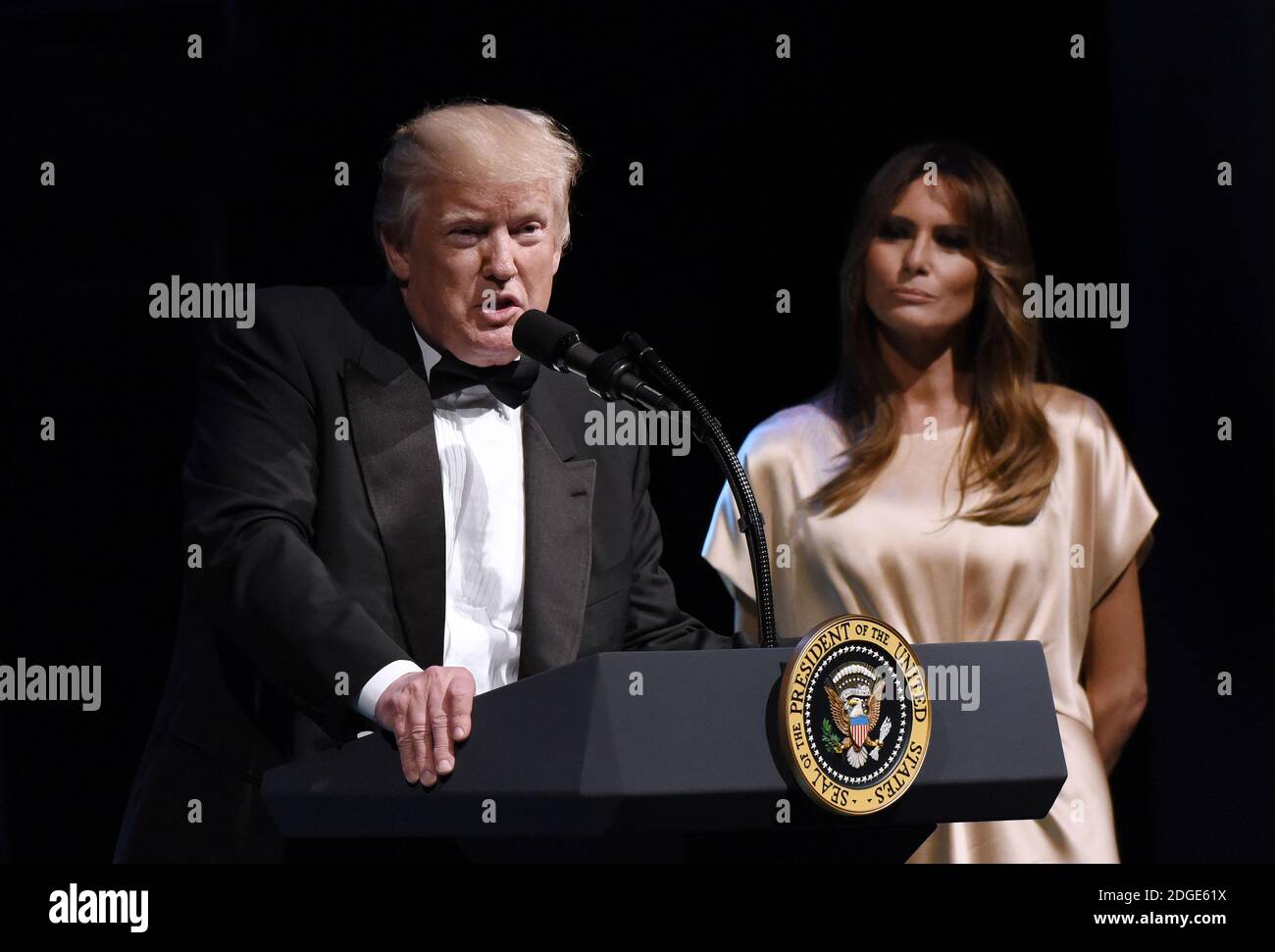 Präsident Donald Trump spricht während der jährlichen Gala im Ford’s Theatre zu Ehren des Vermächtnisses von Präsident Abraham Lincoln, am 4. Juni 2017 in Washington, DC, First Lady Melania Trump. Foto von Olivier Douliery/Sipa USA Stockfoto