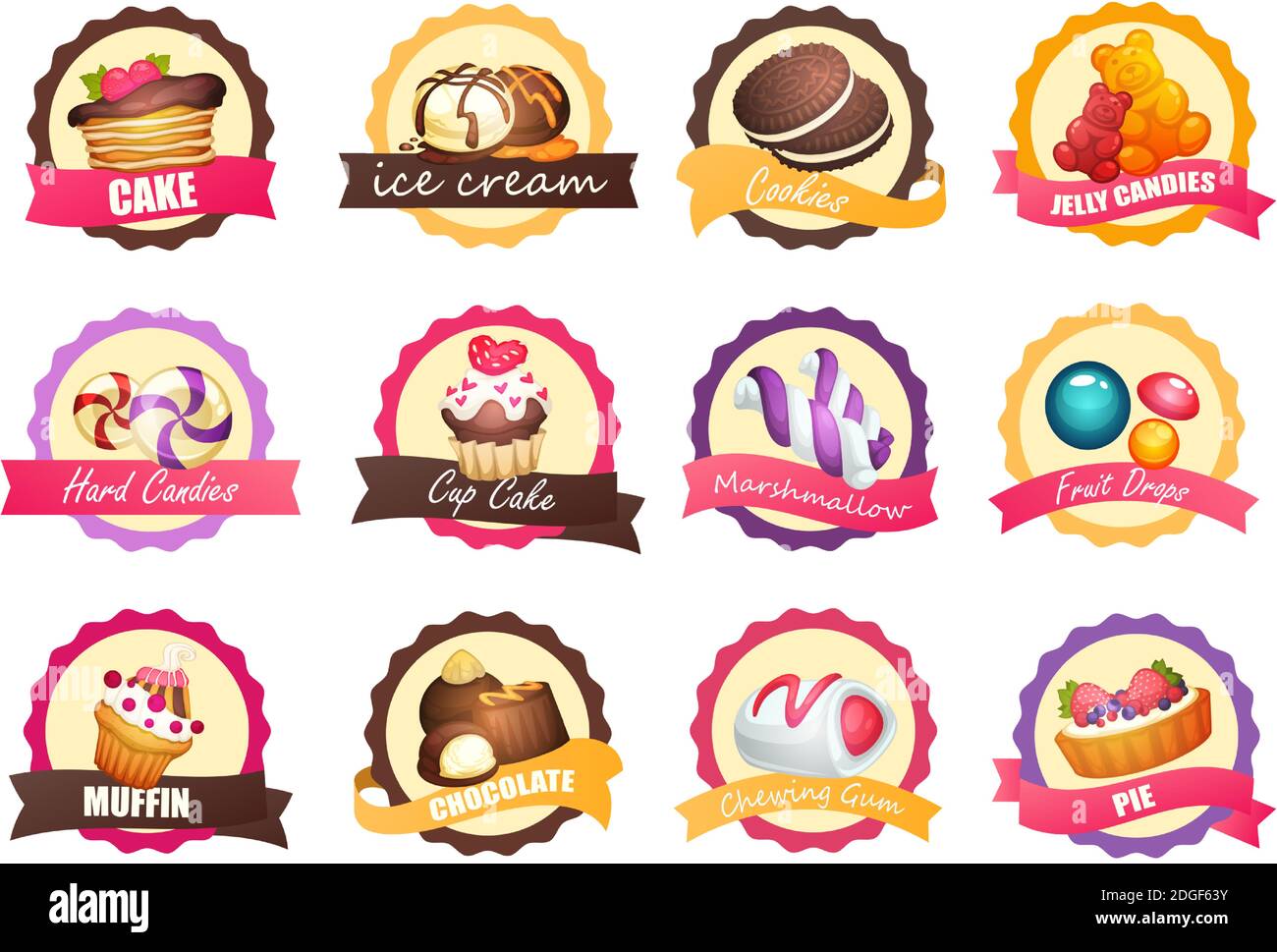 Satz von Logos mit verschiedenen Süßigkeiten Stock Vektor