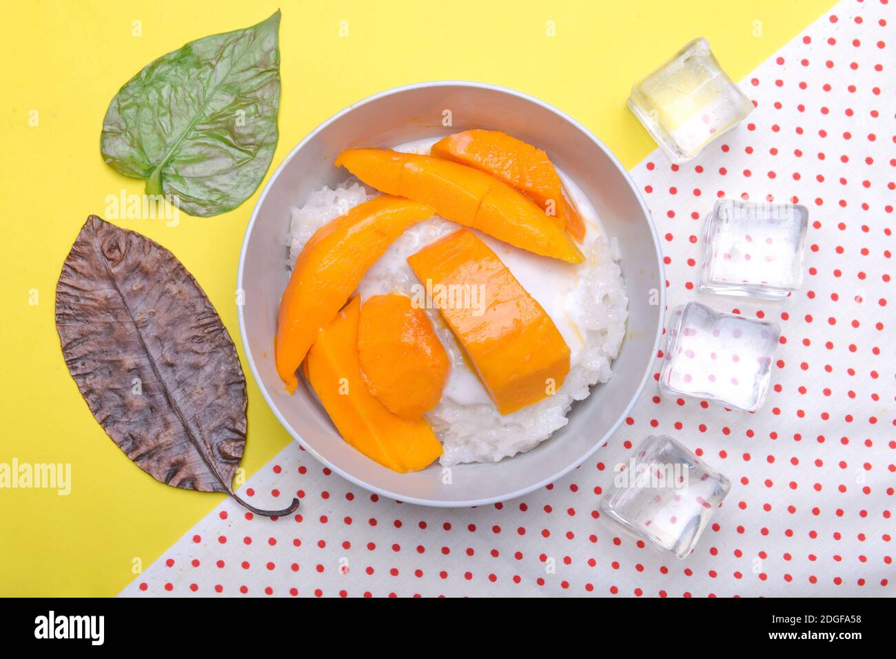 Mango klebrigen Reis in der Schüssel mit farbigem Hintergrund Stockfoto