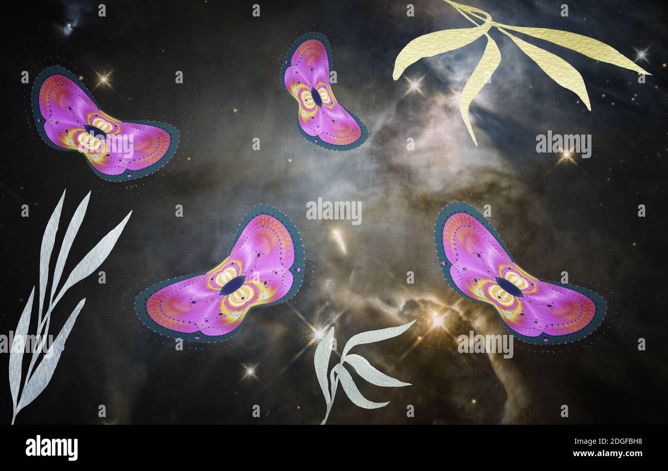 Abstraktes Bild von Motten auf einem dunklen Hintergrund. Stockfoto