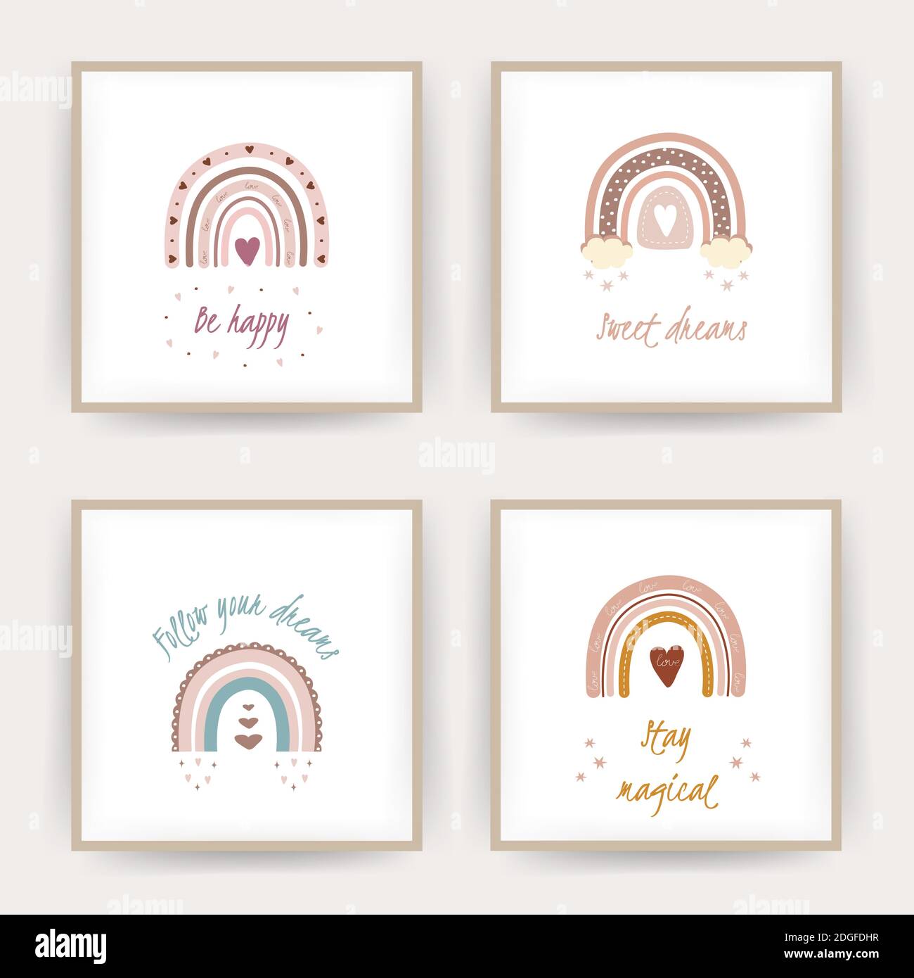 Poster mit Boho-Regenbögen. Lettering Süße Träume und glücklich sein. Stock Vektor