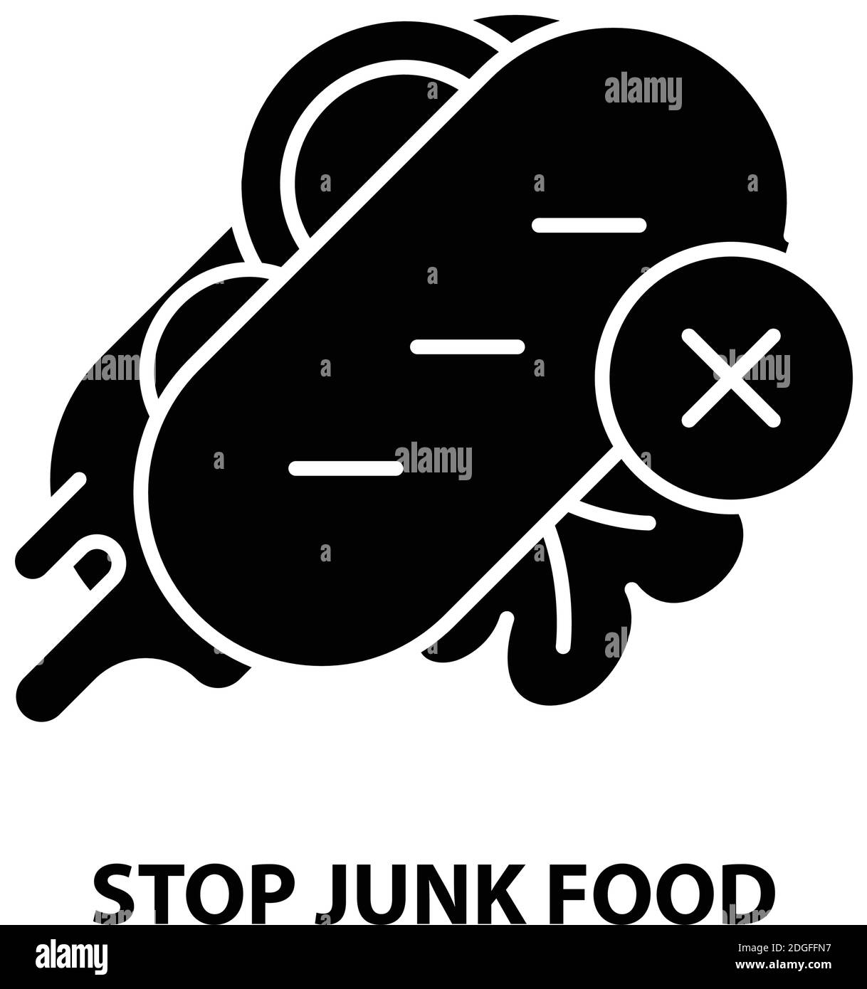 Stop Junk Food Symbol, schwarzes Vektorzeichen mit editierbaren Striche, Konzept Illustration Stock Vektor